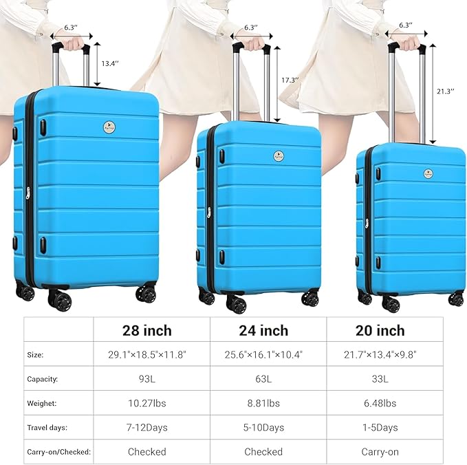 Classic 3-Piece Luggage Set with TSA Lock, Lightweight Suitcase with Spinner Wheels, Hardshell Expandable Carry-On Luggage, 20/24/28 inch, Blue