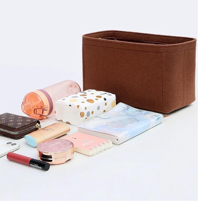 Felt Purse Organizer with Zipped, Bag Organiser Insert for Women,Perfect for carrycall Neverfull Tote (Coffee, large)