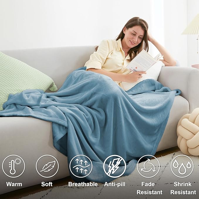 Hansleep Fleece Washed Blue Full Blanket, Super Soft Flannel Fuzzy Plush Cozy Blanket for All Seasons, Washed Blue, Full 84x90 Inches