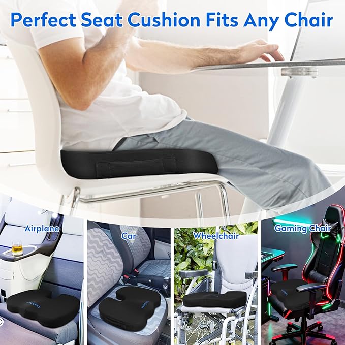 Seat Cushion - Memory Foam Office Chair Cushion for Sciatica, Tailbone & Back Pain Relief - Orthopedic Coccyx Pillow for Car, Airplane, Pregnancy & Long Sitting at Work, Black
