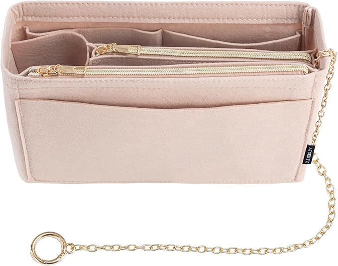 Purse Organizer Insert, Handbag Organizer with Zipper, Tote Shaper with Cup Holder & Keychain, Compatible with LV, Neverfull, MK, COACH, Longchamp, Kate Spade – Khaki-Sl. Lg