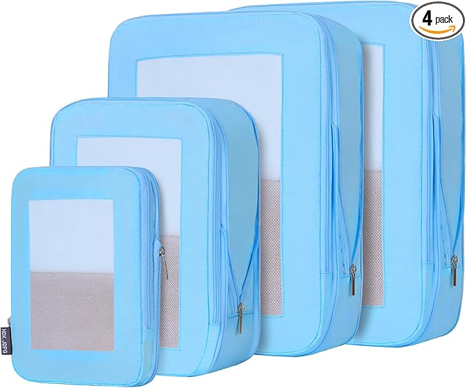 4 Set Ultralight Compression Packing Cubes Travel for Suitcases ，Compressible Mesh Packing Cubes for Travel Women Packing Organizers (Blue)