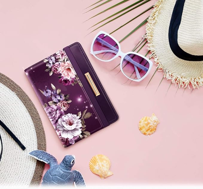 Passport Holder,RFID Blocking Passport Cover Cute Floral Traveling Passport Wallet for Women Purple Flowers.