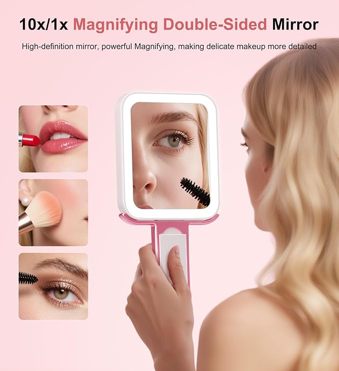 Travel Makeup Mirror with Lights 10X/1X Double-Sided Magnifying LED Beauty Mirror Rechargeable Portable Vanity Mirror with 3 Color Lighting Smart Touch Dimming Desktop Handheld Hanging