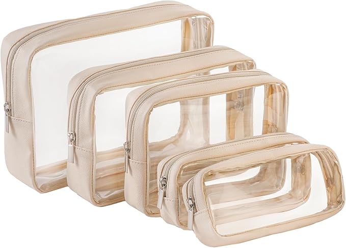 TSA Approved 5-Piece Diaper Bag Organizer Pouch Set Clear Waterproof TPU Kids Toiletry Storage Set Travel Packing Clutch Cube Bags for Baby Nursing(Cream leather)