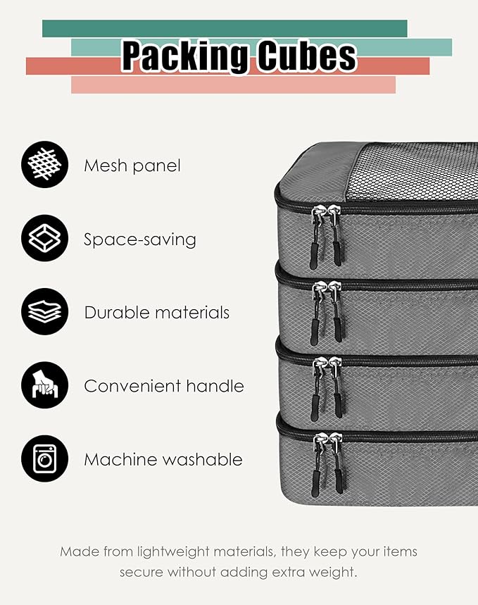 4-Piece Packing Cubes Travel Accessories Set for Suitcases - Luggage Organizer Bags with Double Zipper - Mesh Top - Small - Dark Grey