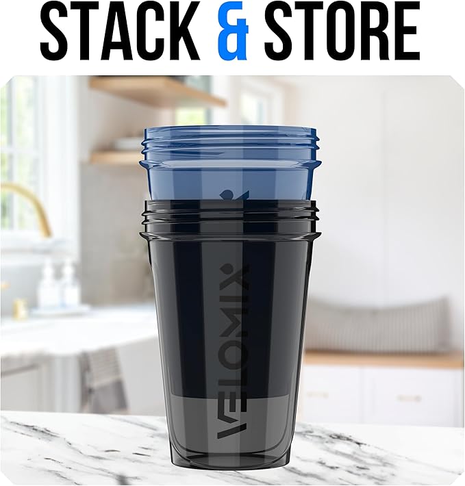 VELOMIX -2 Pack- 20 oz Protein Shaker Bottles for Protein Mixes - 2x Wire Whisk | Leak Proof Shaker Cups for Protein Shakes and Pre Workout | Protein Shaker Bottle Pack (Blue/Black)