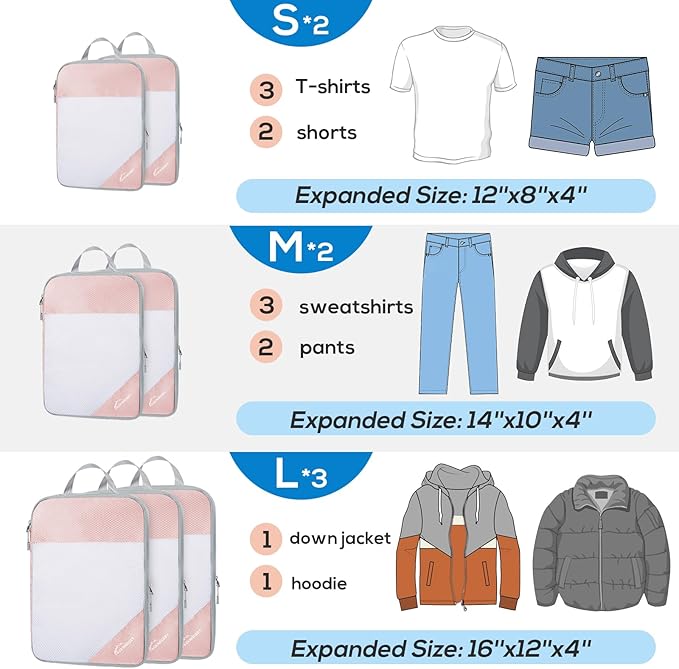 Compression Packing Cubes, 9 Set Packing Cubes for Travel Compression, Lightweight Compressible Package Organizer for Carry On and Suitcases, Pink