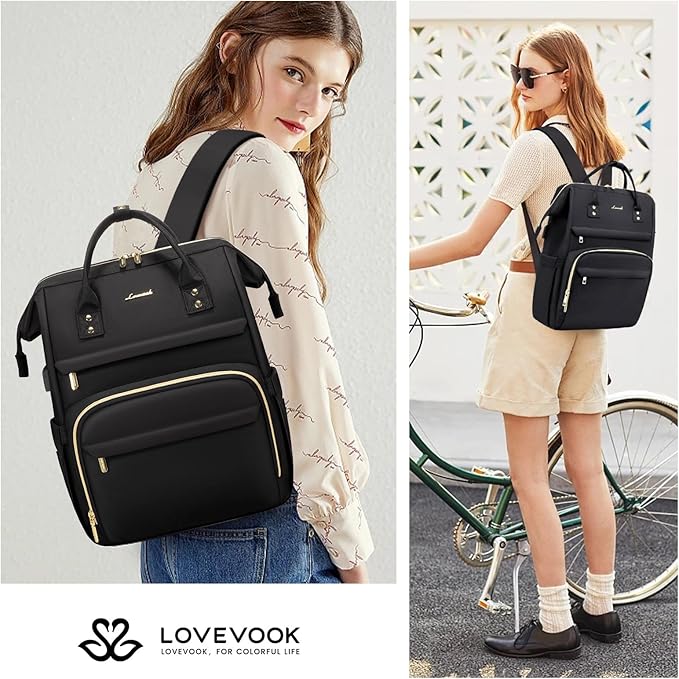 LOVEVOOK Laptop Backpack for Women,17 Inch Professional Womens Travel Backpack Purse Computer Laptop Bag Nurse Teacher Backpack,Waterproof College Work Bags Carry on Back Pack with USB Port,Black