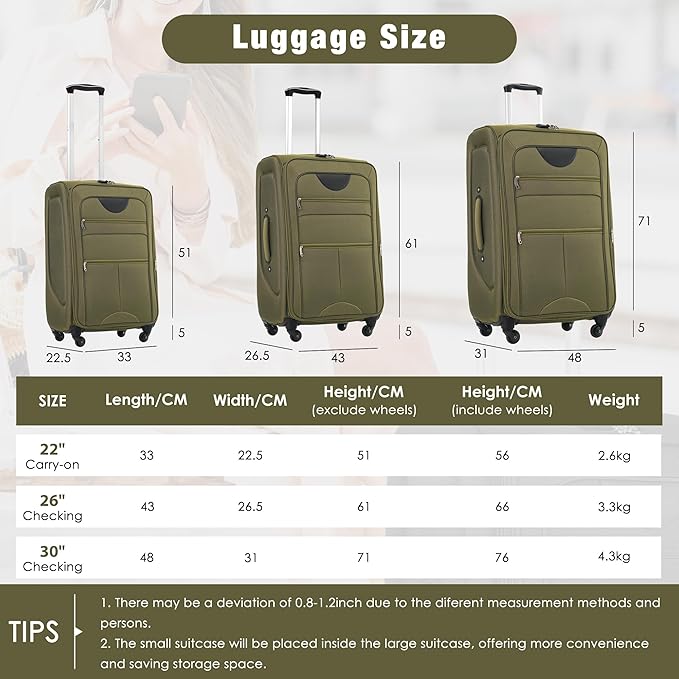 Softside 3 Piece Luggage Sets, Expandable Lightweight Suitcase Sets Double Softshell Spinner Wheels Travel Luggage Set for Women and Men (Army Green, 3-Piece Set)
