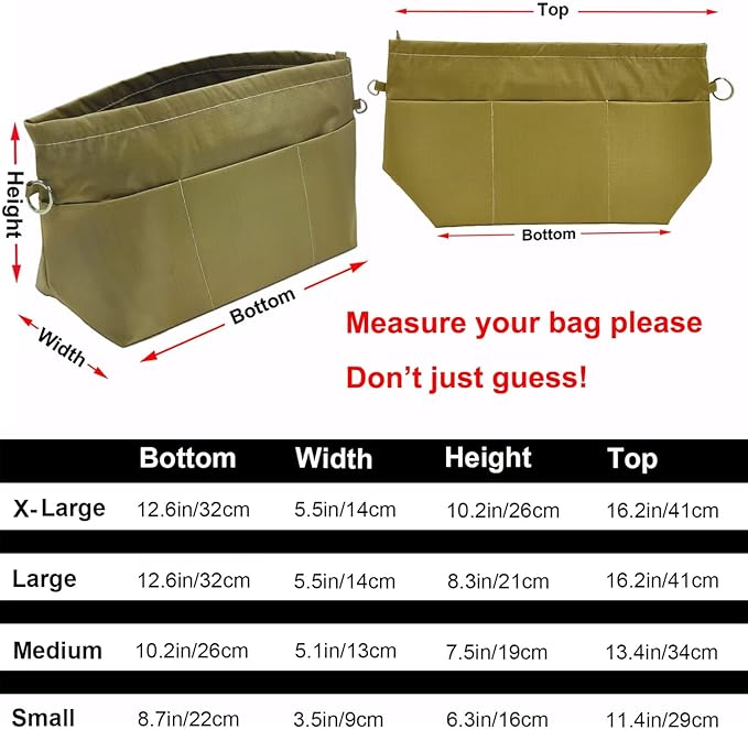Time Wing Handbag Tote Purse Organizer Insert Bag Liner Shaper Pocketbook Divider Zipper 11 Pockets Compartments Small Khaki Green