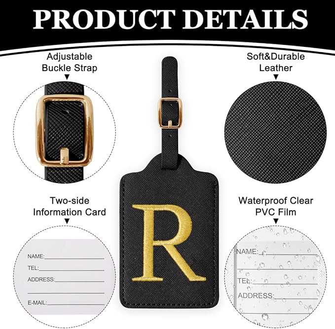 Personalized Initial Luggage Tags for Suitcases,Leather Letter Cute Luggage Tags with Privacy Name Card,Embroidered Monogrammed Travel Bag Backpack Tag Gifts for Women Kids Girls Teens(Black-R)