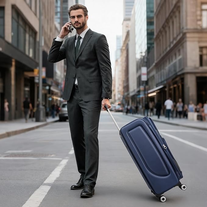 24'' Softside Expandable 15% Rolling Luggage with Double Spinner Wheels & w/LOCK,Lightweight Travel Luggage for Men Women（Navy-Grey,24in）