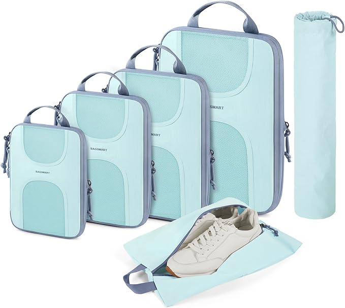 BAGSMART Compression Packing Cubes, 6 Set Packing Cubes for Suitcases, Lightweight Suitcases Organizers Bag Set & Compression Travel Cubes, Travel Essentials Packing Organizers