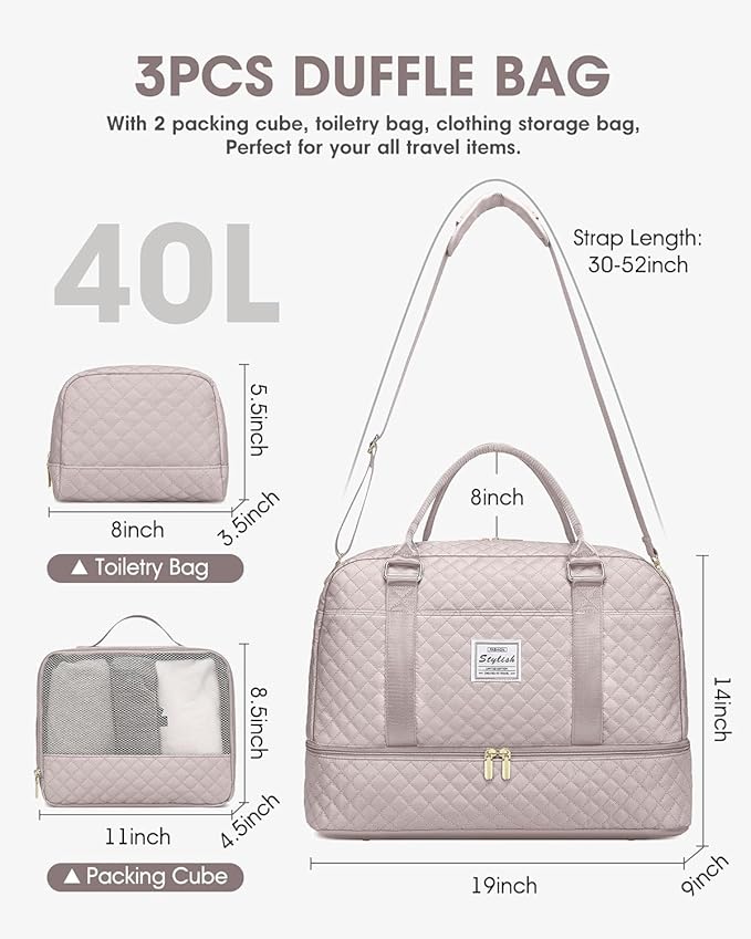 Weekender Travel Duffle Bag for Women: Overnight Bags with Shoe Compartment Carry on duffel Bag for Airplanes with 2 PCS Toiletry Bags Weekend Yoga Gym Hospital Bag with Wet Pocket Antiquewhite