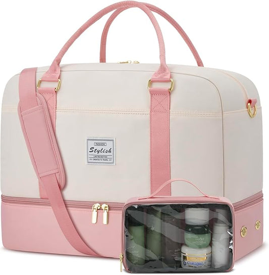 Weekender Travel Duffle Bag for Women: Overnight Bags with Shoe Compartment Carry on Bags for Airplanes with Toiletry Bag Yoga Gym Bag with Wet Pocket Travel Duffel Tote Bag Hospital Bag Pink Beige