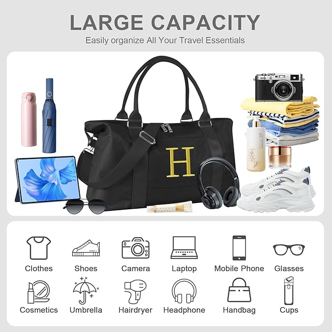 Personalized Initial Gym Dance Bag, Travel Duffel Bag for Teen Girls, Carry On Bag Overnight Weekender Bag with Trolley Sleeve, Birthday Gifts for Women Mom Daughter Graduation Gift(Letter H, Black)