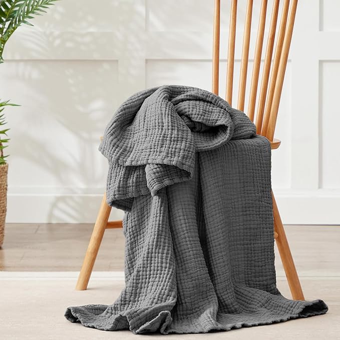 100% Cotton Muslin Blanket 50" x 60", Breathable and Lightweight Cotton Throw Blankets for Couch, Soft Cooling Summer Gauze Blanket for Adults All Season, Charcoal Grey