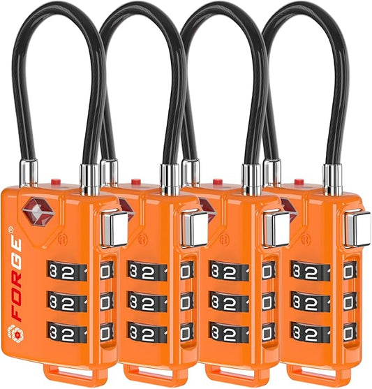 TSA Approved Cable Luggage Locks, Re-settable Combination with Alloy Body, Orange 4 Locks.