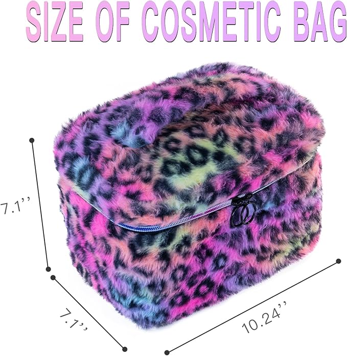 Plush Travel Makeup Bag Toiletry bag for Women Soft Fluffy Cosmetic Bag Portable Foldable (Rainbow Leopard)