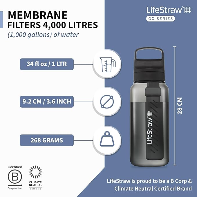 LifeStraw Go Series – BPA-Free Water Filter Bottle for Travel and Everyday Use, Removes Bacteria, Parasites and Microplastics, Improves Taste, 1L Nordic Noir