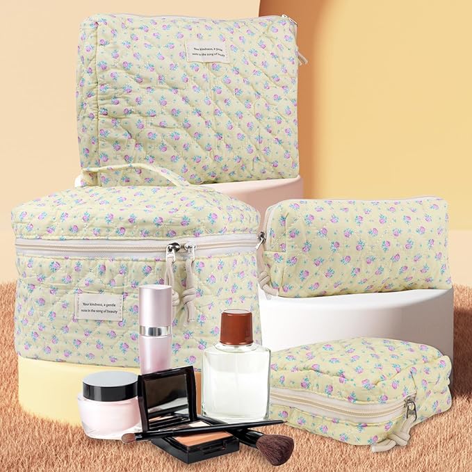 Cute Makeup Bag for Women(2 Pcs), Travel Cosmetic Bags, Quilted Coquette Aesthetic Floral Toiletry Organizer Bag (44 - Purple Rose/4PCS)