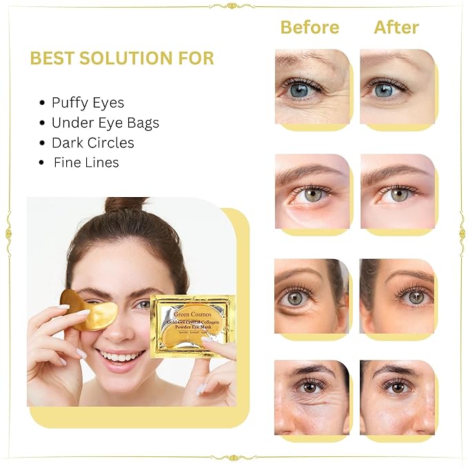 Green Cosmos 30 Pairs 24k Gold Under Eye Patches, Gold Crystal Collagen Eye Mask, Dark Circles Treatments, Removes Under Eye Bags, Collagen Gel Pads for smooth skin, Eye Pads for puffiness
