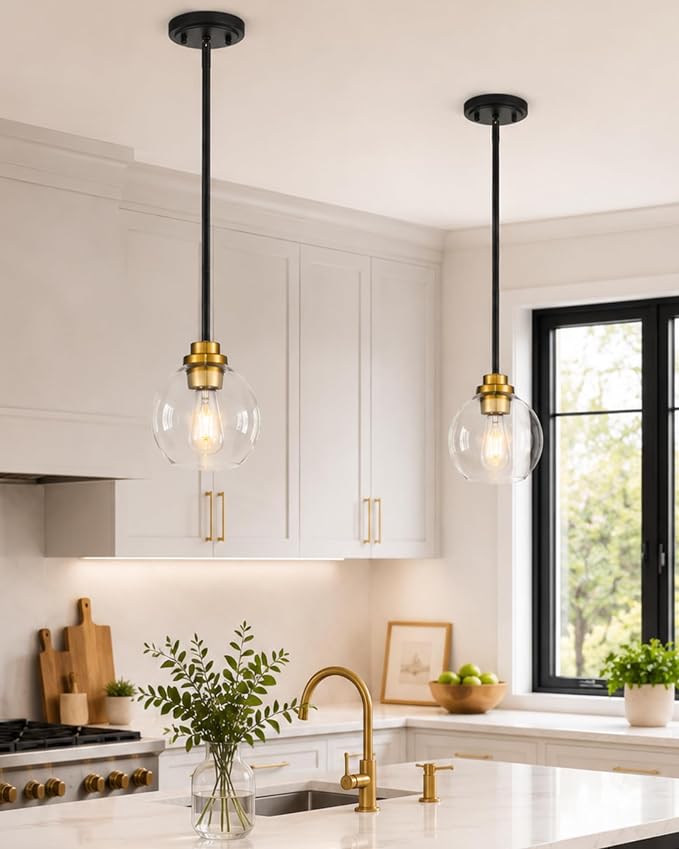 Pendant Lights Kitchen Island, 7" Black and Gold Hanging Lights Fixtures with Clear Glass Globe Shade, Modern Kitchen Island Lighting for Bathroom, AD-22280-1P-KG