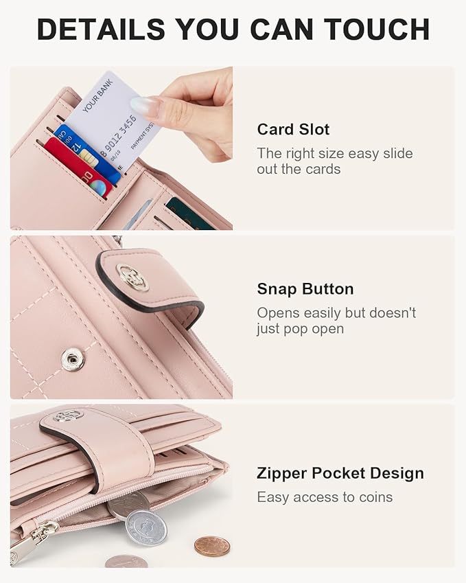 BOSTANTEN Small Wallet for Women Leather RFID Blocking Card Holder Bifold Compact Wallets With Zipper Coin Pocket Pink