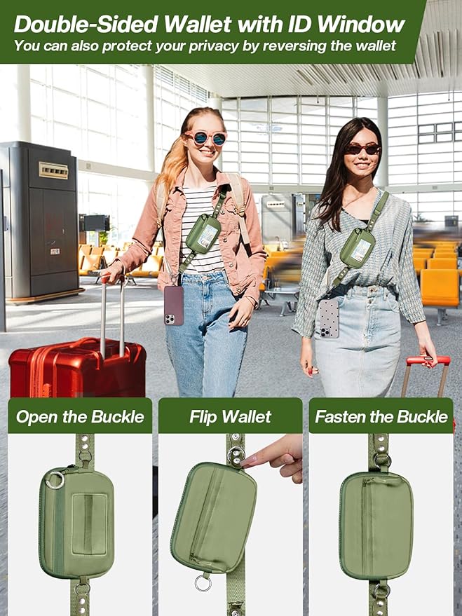 Tiostep Clip and Go Strap for Phone with Wallet Crossbody Phone Lanyard Adjustable and Detachable RFID Wristlet Wallet with ID Window and Zipper, Green