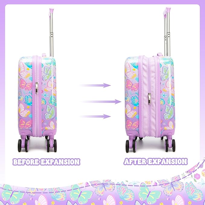 Kid's Luggage Set 5 Piece Suitcase Set 16" Hardside Luggage with Spinner Wheels Girls Carry on Toddler Travel Rolling Suitcase with Neck Pillow Airline Approved
