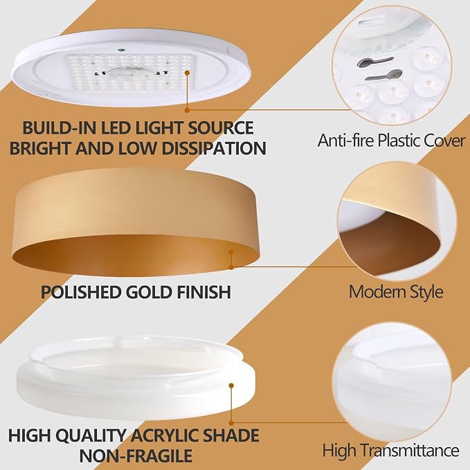 Bargeni 16.5" Gold Flush Mount Ceiling Light, LED Ceiling Fixture | 30W dimmable LED light with 3000K warm glow, ideal for living rooms, bedrooms, hallways and foyers