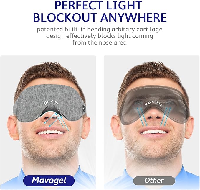 Mavogel Cotton Sleep Eye Mask - Updated Design Light Blocking with Adjustable Nose Bridge, Soft and Comfortable Night Eye Mask for Men Women, Eye Blinder for Shift Work, Includes Travel Pouch, Grey