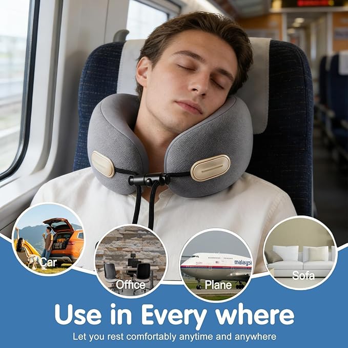 Travel Neck Pillow with Storage Case, 100% Pure Memory Foam, Airplane Head Support for Flight Sleeping, Portable, Gray