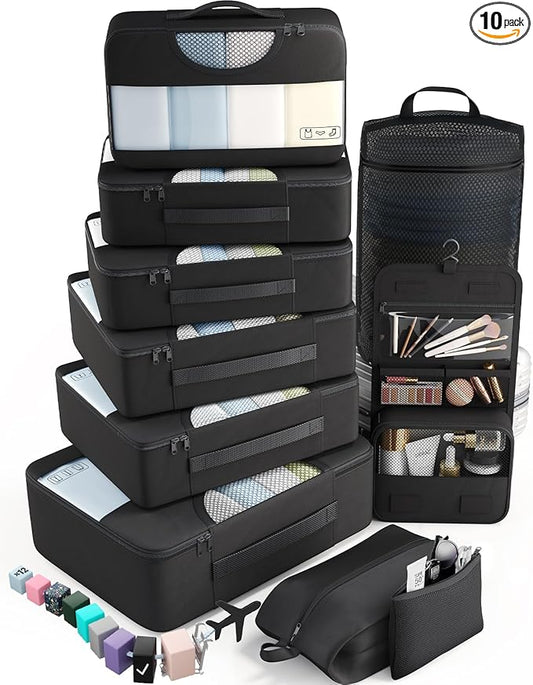 Veken 10 Set Packing Cubes for Travel Essential, Suitcase Organizer Bags in 4 Sizes, Carry-On Luggage Accessories with Large Laundry & Hanging Toiletry Bag, Must-Have for Airplane, Road Trip & Camping