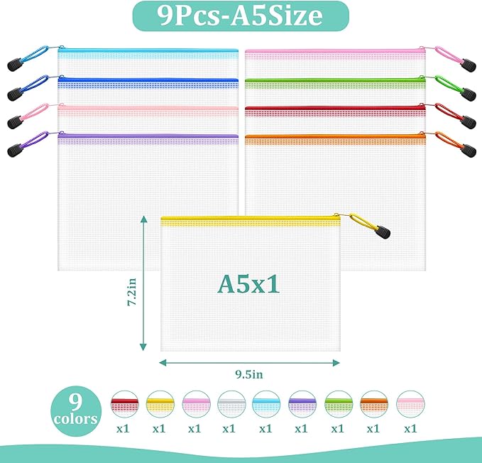 9pcs Mesh Zipper Pouch Bags Small, A5 9.5x7.2 Inches, 9 Colors Zipper Pouches for Organizing, Puzzle Storage, Travel, School, Office Supplies