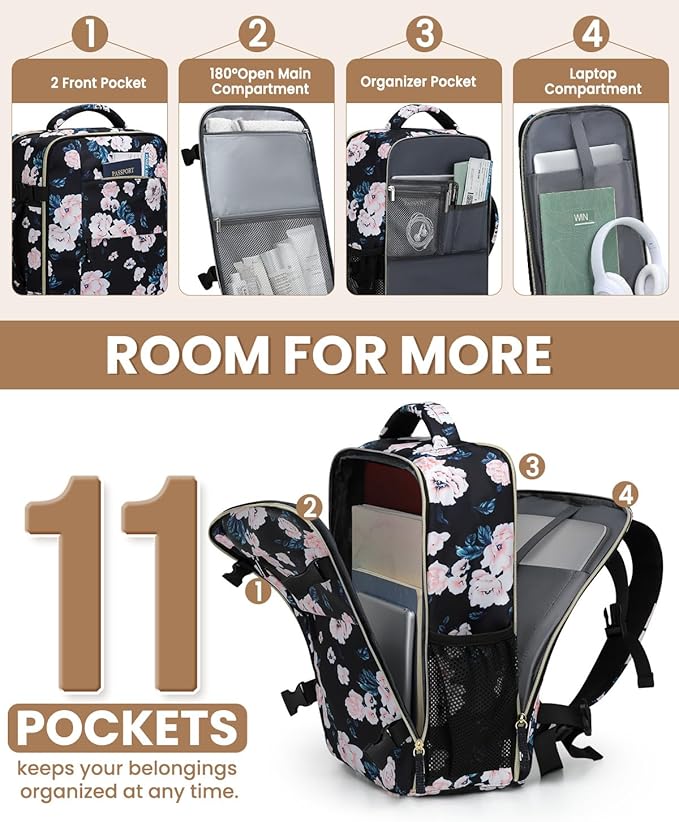 Pritent Travel Backpack for Women Man, Waterproof Personal Item Travel Bag Airline Approved Laptop Backpack Bookbag Weekender bags for Business,Travel, Work Fits 15.6 inch Laptop(Medium,Flower)
