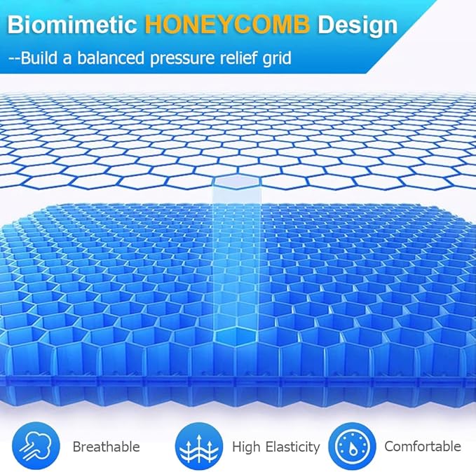 Gel Seat Cushion, Jumbo&Thick Gel Cushion with Non-Slip Cover for Home Office Car Seat Wheelchair, Soft Breathable Honeycomb Chair Pads for Relieve Hip Pain, Blue 20x20x1.9inch