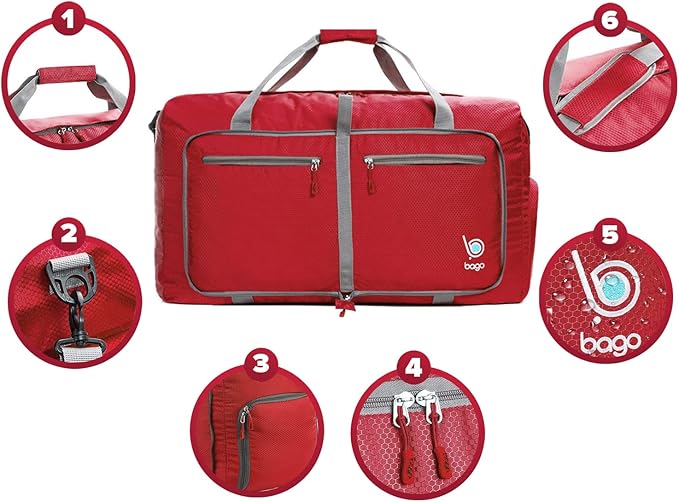 Bago Compact Duffle Bag for Travel Women & Men. Durable Lightweight Foldable Travel Duffel Bags For Traveling Women. 40L Duffle Bags a Reliable Weekender duffel or Overnight Bag With Shoe Compartment