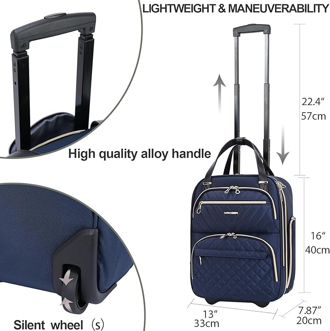 KROSER Carry On Underseat Multi-functional, 16-inch Underseater Lightweight Overnight Suitcase for Men Women, Navy/Gold