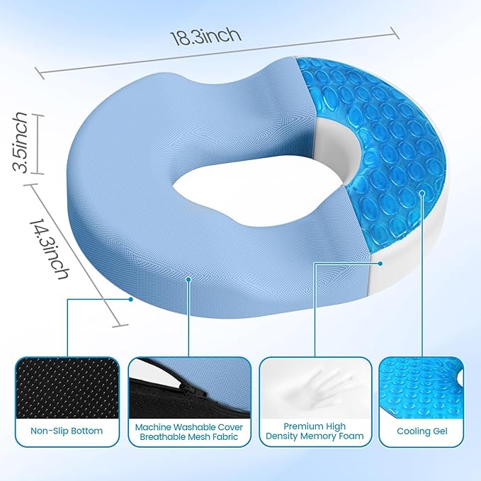 Donut Pillow Seat Cushion - Cooling Gel Outdoor Chair Cushions, Memory Foam Cushion for Office and Home, Car Seat and Patio Cushions, Hemorrhoids Pillow, Sciatica and Tailbone Pain Relief, Light Blue