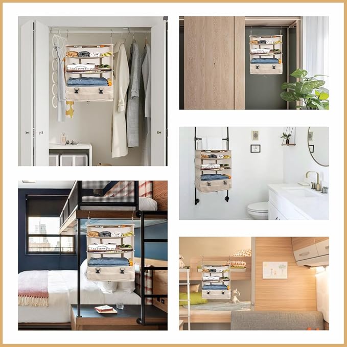 Surblue Hanging Closet Storage Bag Collapsible 3-Shelf Washable Oxford Fabric with 2 Hooks (XL 17.71 * 11.81 * 20in, Beige)