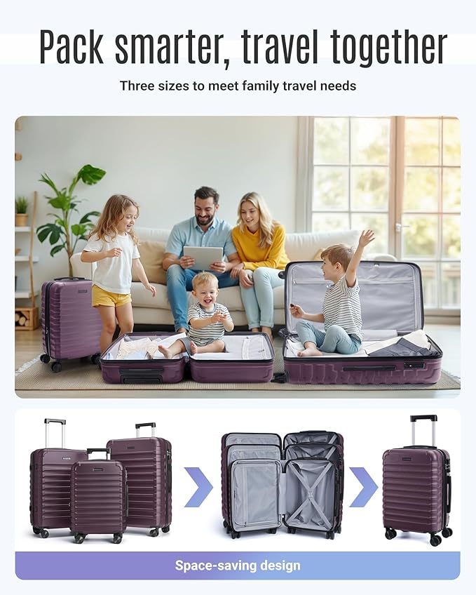 LIGHT FLIGHT Luggage Sets, 3 Piece Durable Suitcase Set with Spinner Wheels, 3 Pcs Hard Shell Lightweight Luggage with TSA Lock, Large Checked Travel Suitcases, 20/24/28 Inch,Purple