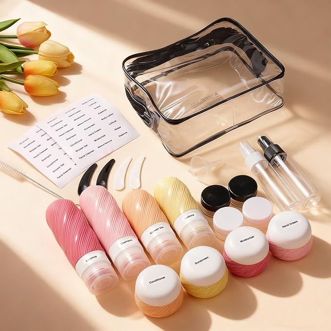 LitBear 23 Pack TSA Approved Travel Bottles for Toiletries, Leak Proof Refillable Travel Size Containers Kit with Silicone Squeezable Bottles Jars for Shampoo Lotion Conditioner, in Clear Bag, Pink