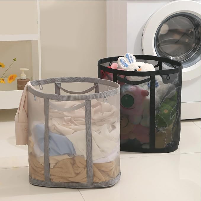 Mesh Bag with Handles, Collapsible Laundry Basket, Foldable Laundry Bag, Breathable Folding Beach Bag,Space-saving Travel Tote Bags (2, Black)