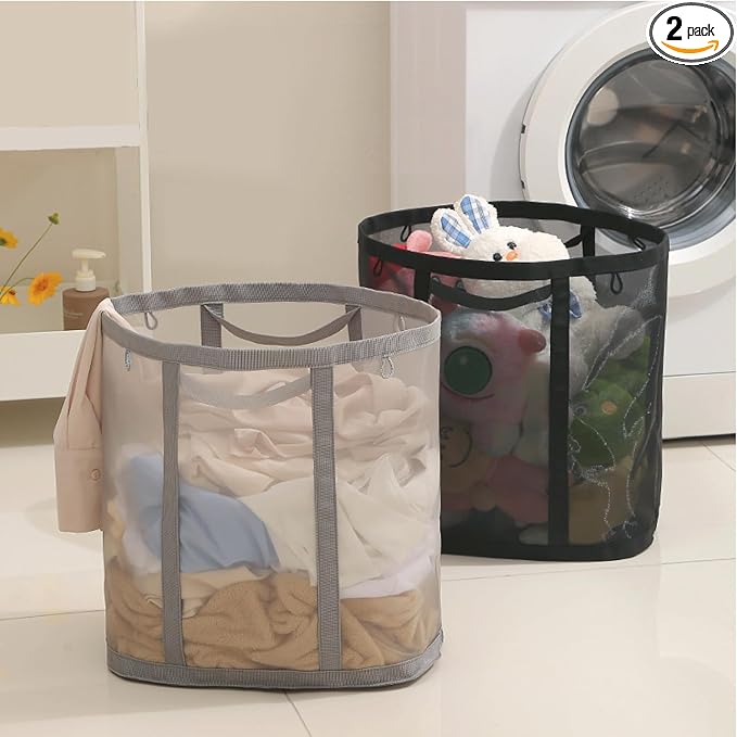 Mesh Bag with Handles, Collapsible Laundry Basket, Foldable Laundry Bag, Breathable Folding Beach Bag,Space-saving Travel Tote Bags (2, Grey&Black)