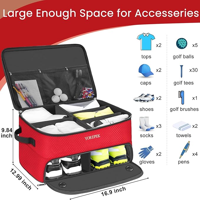 YOREPEK 2 Layer Golf Trunk Organizer, Golf Gifts for Men with Separate Ventilated Compartment for 2 Pair Shoes, Waterproof Car Trunk Locker for Balls, Tees, Clothes, Gloves, Gifts for Golfers