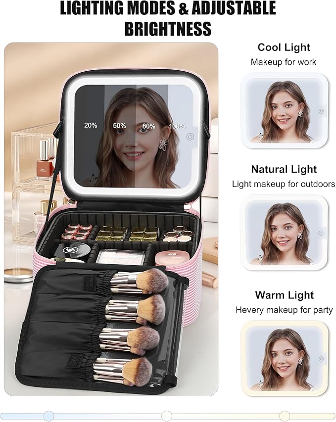 Relavel Travel Makeup Bag With LED Mirror, Portable Cosmetic Bag Organizer with Adjustable Brightness in 3 Color Scenarios, Small Cute Train Case with Detachable Dividers for Trip- Pink Strip