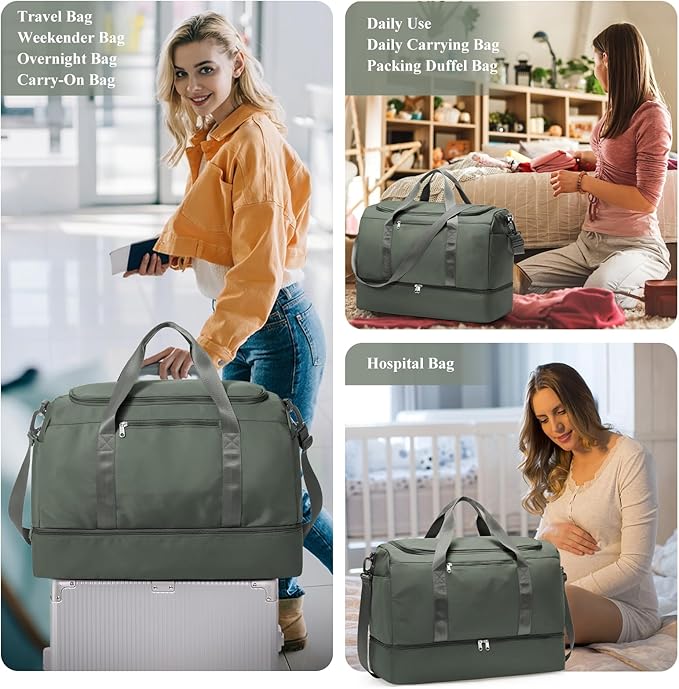Extra Large Travel Duffle Bag,Carry on Overnight Weekend Bag with Shoes Compartment,Weekender Bags for Women for Travel Business Trips Sport Hospital,Dark Green