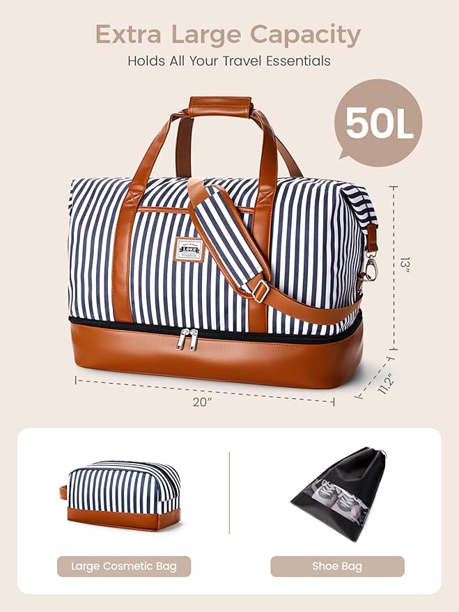 Lekebobor Weekender Bag for Women, Large Holdall Travel Duffle / Overnight Bag with Shoes Compartment & Toiletry Bag, 50L (Blue Striped)